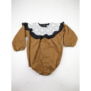 Popelin Brown Black & White Embroidered Collar Romper 12-18 Months